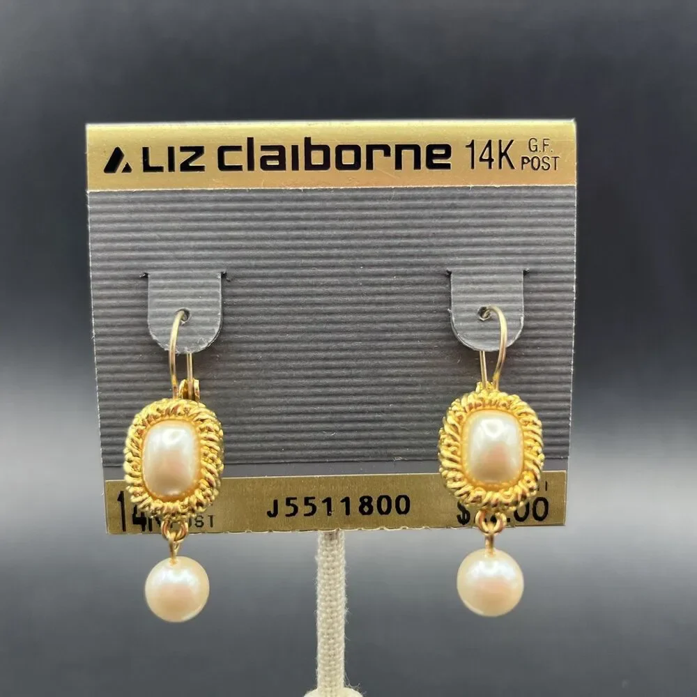Liz Claiborne Faux Pearl Dangle Earrings Gold Filled Post Drop Classic Vintage